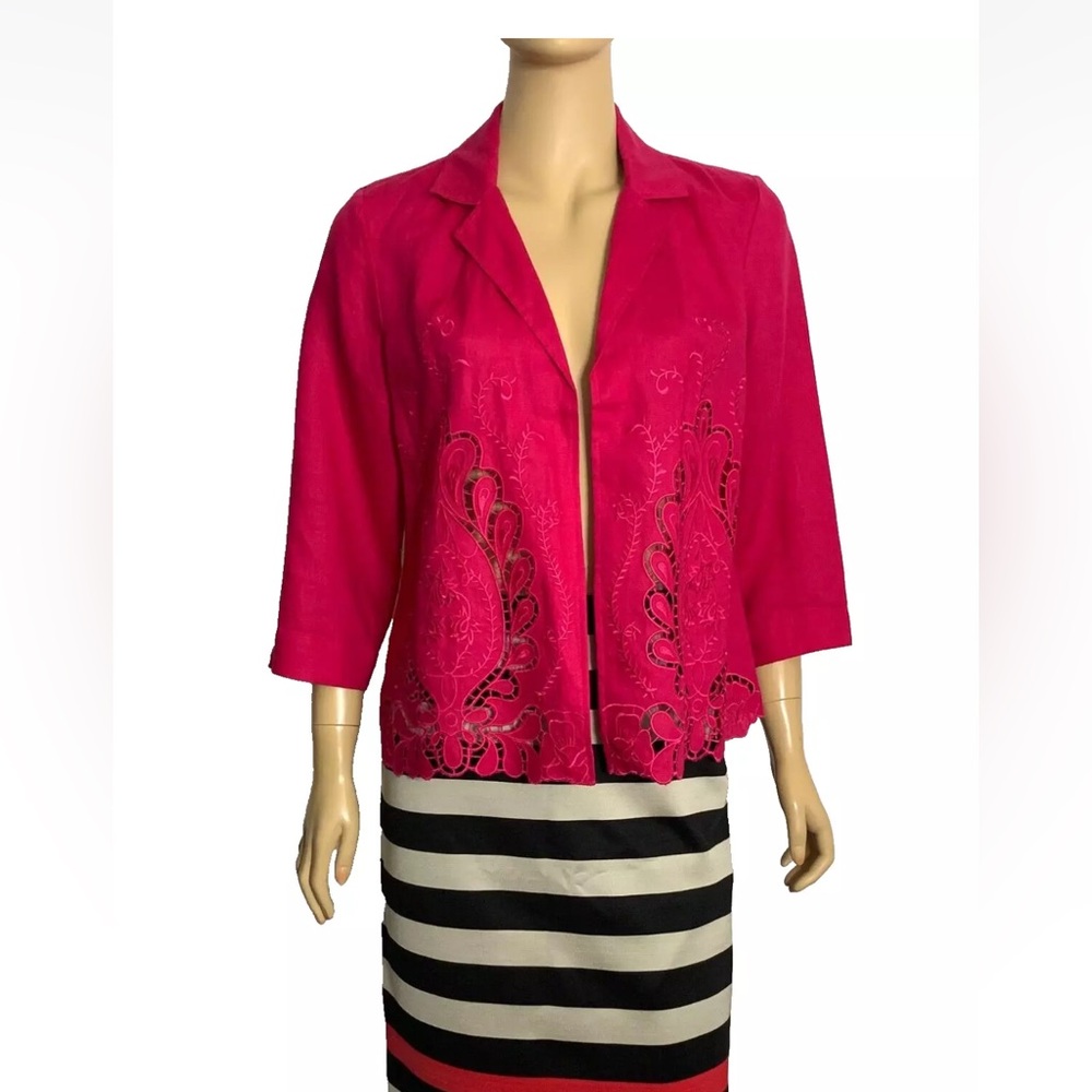 NWT Chico's 1 Novelty Cutwork Linen Jacket Embroidered Raspberry - Picture 6 of 8